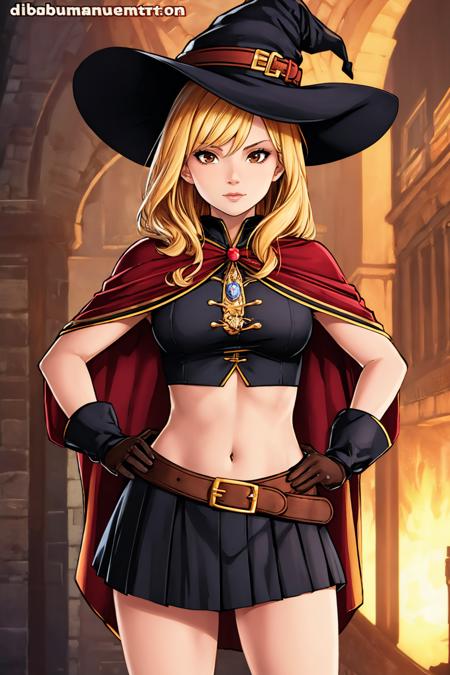 (masterpiece, best quality:1.2),  <lora:diabolumberto:1>, diabolumberto, 1girl, hat, witch hat, solo, gloves, long hair, skirt, blonde hair, navel, belt, brown eyes, looking at viewer, bow, hand on hip, miniskirt, black gloves, black skirt, capelet, midriff, witch