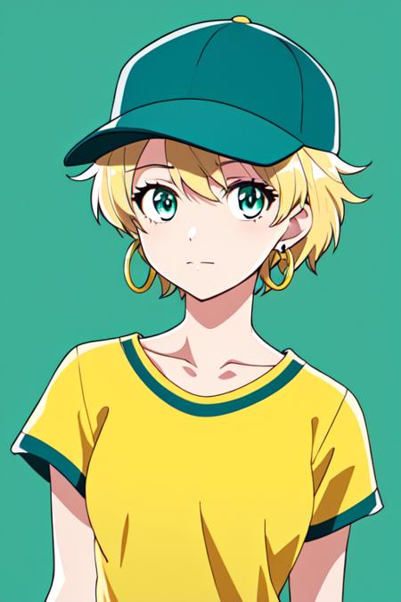 anime screencap, masterpiece, best quality, 1girl, aqua eyes, baseball cap, blonde hair, closed mouth, earrings, green background, hat, hoop earrings, jewelry, looking at viewer, shirt, short hair, simple background, solo, upper body, yellow shirt