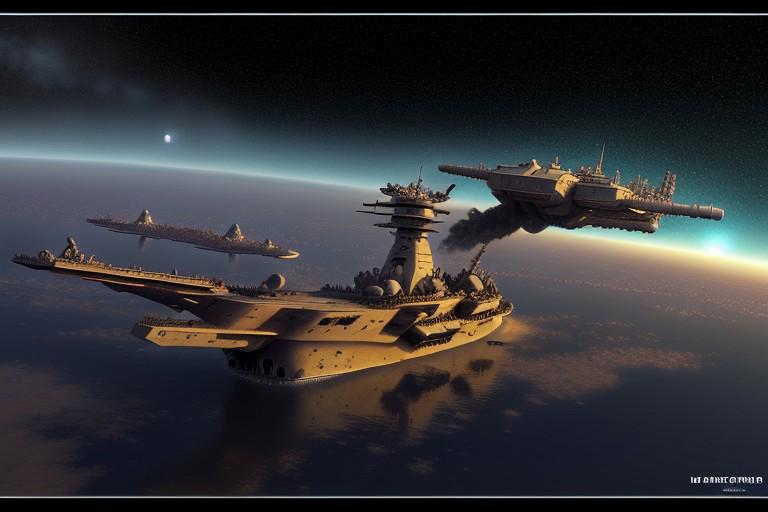 a space pirate battleship among the ruins of an advanced, futuristic city