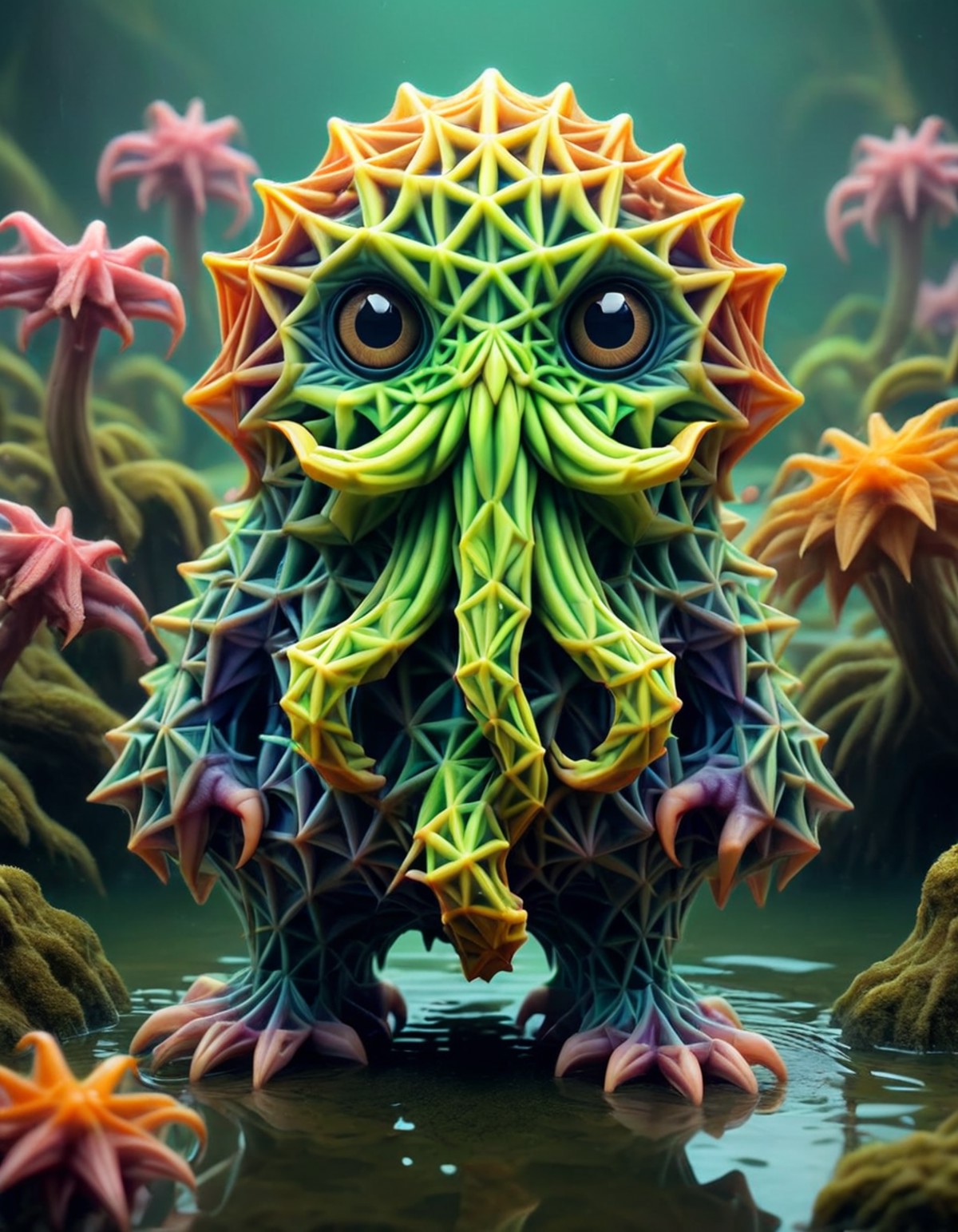 A cute colorful fluffy cthulhu, wildlife photography, in a ral-pnrse swamp, 4K UHD, 8K UHD, High-definition, ral-pnrse <lo...
