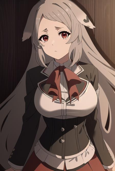 pursenaadoldia, <lyco:pursenaadoldias2-lyco-nochekaiser:1>,
pursena adoldia, long hair, (red eyes:1.5), animal ears, very long hair, grey hair,
BREAK skirt, long sleeves, pantyhose, frills, shoes, red skirt,  loafers, white pantyhose, blazer, (white blazer:1.5), corset, (black corset:1.5),
BREAK indoors, classroom,
BREAK looking at viewer, (cowboy shot:1.5),
BREAK <lyco:GoodHands-beta2:1>, (masterpiece:1.2), best quality, high resolution, unity 8k wallpaper, (illustration:0.8), (beautiful detailed eyes:1.6), extremely detailed face, perfect lighting, extremely detailed CG, (perfect hands, perfect anatomy),