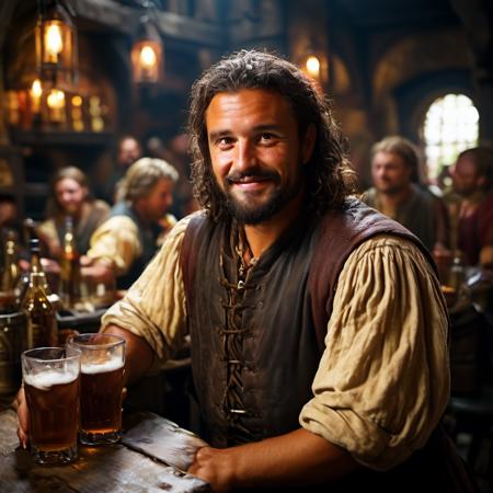 highly detailed candid photo of male barkeep:1.2,

1boy, 

masterpiece, best quality:1.1, realistic:1.3,
shadow play:1.0,  dark interior, medieval tavern:1.-, 

ultra photoreal, photorealistic:1.0, sharp focus:1.1, 
depth of field:1.1, 

50mm, style of Nathan Wirth, Hasselblad X1D II, Porta 160,
