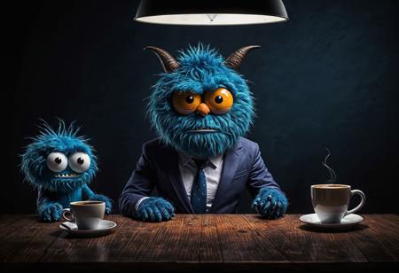 A furry monster and a business man sitting on a table, coffeetime, background is darkness, early morning, in the style of (Eiko Ojala)