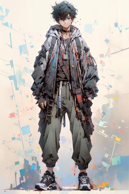 <lora:CraigMullins:1>, 1boy, virtual youtuber, male focus, solo, red hair, black hair, streaked hair, hood, white hoodie, multicolored hair, black pants, hoodie, blue eyes, pants, white background, straight-on, full body, jacket, looking at viewer, black footwear, black choker, choker, black jacket, hair between eyes, bangs, smile, drawstring, shoes, simple background, standing