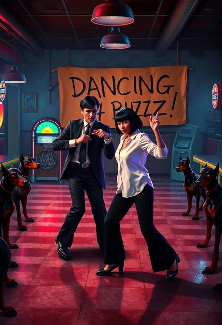 Create an image of a lively dance scene reminiscent of the iconic moment in “Pulp Fiction,” but with a unique twist. The setting is a retro-themed 1950s diner with checkered floors, neon lights, and a jukebox playing in the background. In the foreground, two characters are dancing: one is a man with dark hair, wearing a black suit, white shirt, and tie, and the other is a woman with a short black bob haircut, dressed in a white blouse and black pants. They are mid-dance, striking a playful pose with confident expressions, one pointing towards the other.
Surrounding the dance floor are several dobermans with menacing postures, their eyes glowing a fiery red, giving the scene a surreal and eerie atmosphere. In the background, prominently displayed, is a large cardboard sign that reads “DANCING 4 BUZZ!” in bold, hand-drawn letters. The sign adds a quirky, almost playful element to the otherwise intense and otherworldly scene, blending humor with the ominous vibe of the dobermans. The overall image should feel dynamic, with a mix of cool, rebellious energy and surreal tension.