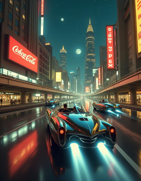 In a sprawling retro-futuristic city, bathed in the soft glow of neon and starlight, sleek rocket-powered cars cruise the streets, embodying the bold optimism of the 1950s vision of the future. These cars are masterpieces of streamlined design—gleaming chrome and polished steel, their aerodynamic shapes inspired by the cutting-edge ideals of speed and style. With their long, sweeping curves and sharp, pointed tails, each vehicle appears poised for liftoff, blending function with high-fashion. The rocket engines mounted at the rear emit a soft blue glow, faint trails of exhaust vapor curling in the air as they glide just above the pavement, leaving shimmering arcs of light in their wake.

The roads are wide and expansive, designed to accommodate these futuristic speed machines. Elevated highways twist through the city, weaving between towering skyscrapers with smooth, organic forms, some resembling giant shells or sleek fins. The rocket-cars race above, their polished surfaces reflecting the changing hues of neon advertisements, which flicker across the towering billboards like the pulse of a living city. Each car seems a tribute to mid-century dreams of interplanetary travel, with bubble canopies offering a clear view of the drivers inside—dressed in fashionable, sharp suits and futuristic headgear, their faces illuminated by the soft glow of dashboard instruments that look as though they belong on a spacecraft.

Pedestrians on the ground look up in awe as the cars zoom by, their engines emitting a soft, melodic roar. These cars are more than mere transportation—they are symbols of the future, an age where style and function are perfectly intertwined, and the sky is no longer the limit.