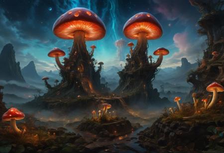 high fantasy,(game morrowind theme:1.5),telvanni tower atop mountain setting,elder scrolls,best quality,hyper detailed,intricate details,wallpaper,8k,masterpiece,landscape of warped mage mushroom tower amidst the red mountains of morrowind,(bio-luminescent fungi landscape:1.3),(towers sculpted from giant flat domed mushrooms:1.4),(mult -domed towers:1.2),amanita muscaria mushrooms,(amanita phalloides death cap mushroom:1.1),lamp lit tower,(gigantic mushroom flat capped towers:1.4),silt striders,(volcanic red mountain ranges:1.2),imposing,(twin moon alien sky:1.1),night,(lava streams:1.2),(volcanic wasteland:1.4),(long eldritch tentacles on towers:1.3),(bio-luminescent flowers:1.1),(bio-luminescent mushrooms:1.1),violet lights,blue stars,(gray ashlands:1.1),lora:juggercinexl2:1>,<lora:detailed_notrigger:1>,(ashlands:1.1),<lora:more_details:1>,<lora:xl-shanbailing-1003fire:1>,<lora:SDXLFaeTastic2400:1>,<lora:LaxpeintXL-2.0:0.7>,