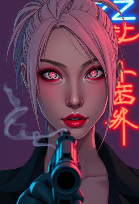 Close-up ((movie poster)) of a tall, slender Japanese cyberpunk assassin, in a semi-realistic style with subtle Patrick Nagel-inspired stylization. Her face fills the horizontal frame, staring coldly at the viewer. She has long blush pink hair in a high ponytail with side-swept bangs and loose strands framing her face.
Her cybernetic eyes are highly realistic with glowing faint pink irises, intricate circuit patterns visible in the iris, styled like high-end anime eyes but with real-world texture. She wears bold red Asian-style eyeshadow, stylized with clean, sharp application reminiscent of Nagel’s graphic look.
At the bottom edge of the frame, a silver pistol barrel is visible, slightly blurred, pointed toward the viewer. A thin plume of smoke curls upward, softly cutting across her face. Lighting is dramatic — realistic but with high contrast and graphic shadows along her jawline, cheekbones, and collarbone.
The background is minimalist: flat muted violet or black with a blue neon “BUZZ” sign and red Japanese characters subtly blurred in the distance.
Title overlay text
“BUZZ KILLER” in bold 1980s-style neon lettering (hot pink or electric blue),
Subtitle text“The Sakura Killer” in thin red Japanese-style type beneath.”
⸻
Style Notes:
	•	Blend: 90% cinematic realism, 10% Nagel flat styling (hair, makeup, shadows, composition)
	•	Mood: Neon-noir, sleek, cold elegance
	•	Model Type: Realistic or semi-stylized (e.g., cinematic anime fusion)