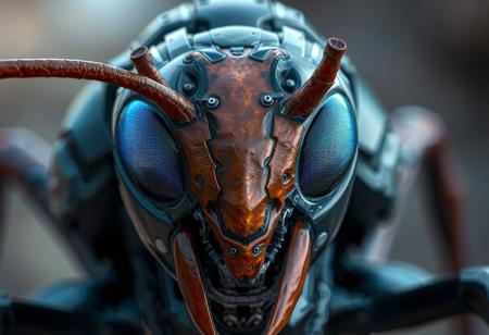 "High-res 4K depiction of a Cyber Raider with an ant's head, emphasizing vivid blue eyes and antennae. The ant's head is the central focus, with a dark blue Cyber Raider body in the foreground. The image boasts exceptional quality, lifelike details, sharp lines, harmonious colors, and a captivating matte painting. A dynamic action pose, vivid emotions, and a powerful message are showcased with the help of Octane Render and Unreal Engine 5. A trending masterpiece on Artstation and CGSociety, created in the style of Greg Rutkowski."