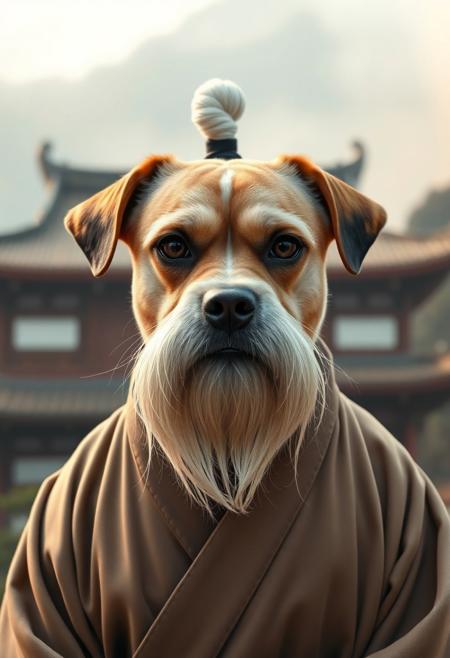 A photorealistic portrait of a dog with a flat, squashed face, styled like a martial arts master. The dog has a long flowing white beard extending far below its chin, large bushy white eyebrows, and long sideways white whiskers. On top of its head is a traditional topknot bun, resembling Pai Mei from Kill Bill. The dog is wearing traditional East Asian monk robes in neutral tones, with a black sash. It stares directly into the camera with a calm, superior expression. The background is a misty mountain temple scene with warm natural lighting. Vertical 9:16 aspect ratio.