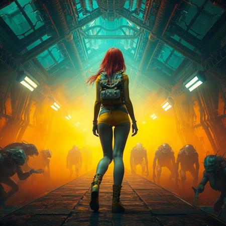 hyper-realistic, other world, futuristic technology, thick fog, otherworldly ambiance, lights, beams, vibrant chromatic-red rust highlights, metal architecture, stark contrast, mechanical elements, themes of dark arts, horror watchers, control, gradient background, yellow to orange to teal, warm-uncomforting blend, solitary traveller, red hair, hypper detailed beautiful women wearing skin tight yellow body suite and backpack boots and shorts, facing the viewer, facing forward, in a defensive pose, intricate paths, resilience, highly textured surfaces, wear, aged, detailed green 6 foot sleestaks in the background fog and all around in the shadows, 3D Game Cinematic Feel, Epic 3D Videogame Graphics, Intricately Detailed, 8K Resolution, Dynamic Lighting, Unreal Engine 5, CryEngine, Trending on ArtStation, HDR, 3D Masterpiece, Unity Render, Perfect Composition
