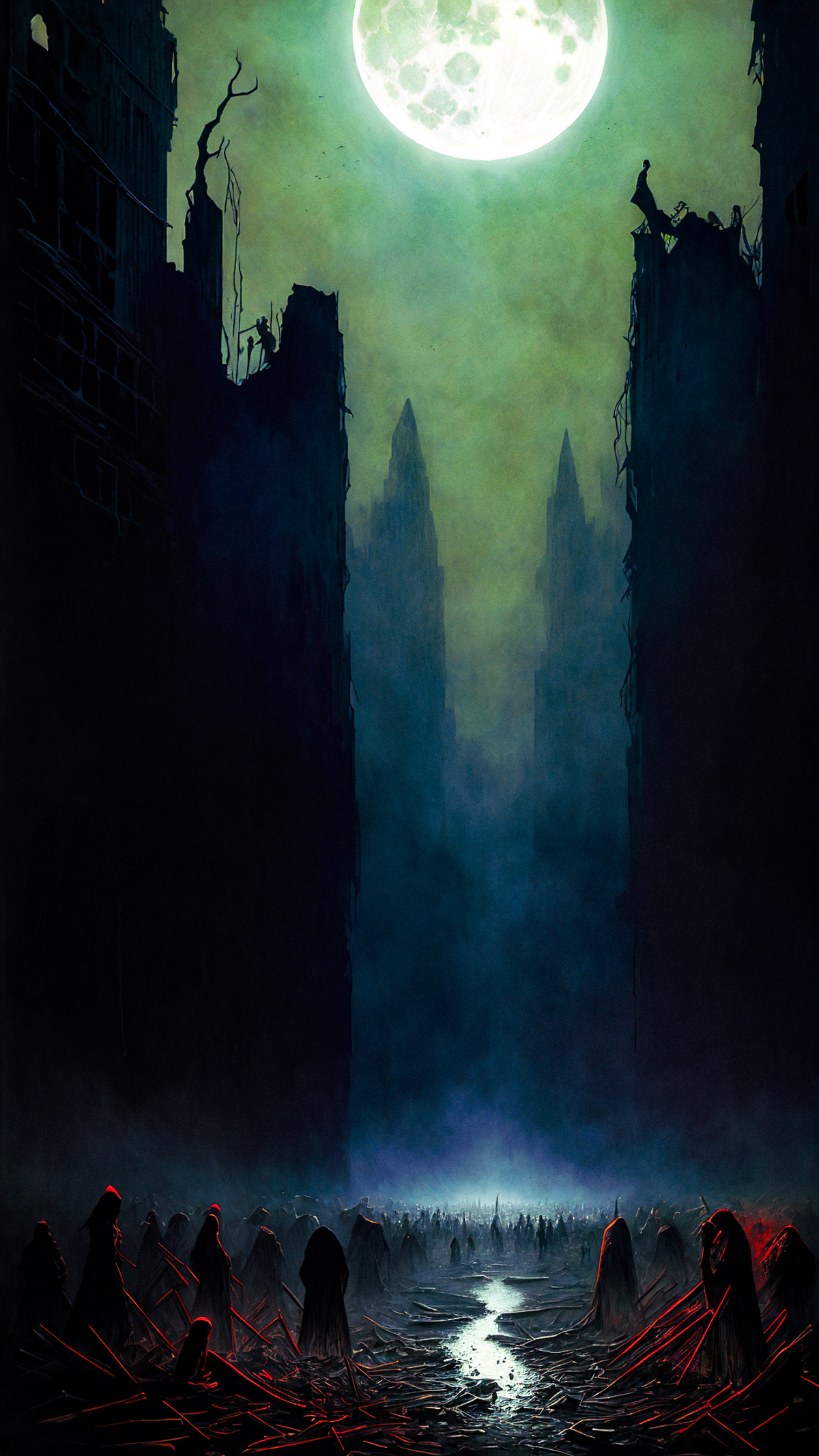 A dark and eerie scene of a narrow alleyway between two large buildings at night