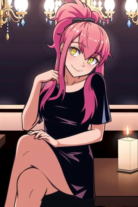 masterpiece, best quality,<lora:Sunny_of_Spades:0.7>,

Sunny of Spades, 1girl, solo, gentle smile, ponytail, pink hair, food, (black dress, jewelry, ) , sitting seductively, restaurant, fancy restaurant, candlelight, chandelier, head tilt, head rest, looking at viewer, full body, crossed legs