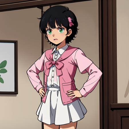 leinaashta,1loli, leinaashta,1loli, curly hair,black hair,hair ornament,bangs,green eyes, shirt,pink jacket,long sleeves,layered sleeves,short sleeves, white skirt,miniskirt, white socks,pink footwear,sneakers,