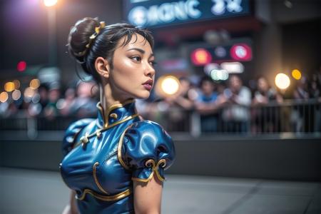 (crowd, multiple_others:1.7),
(fighting_game, street_fighter, arena, gladiator:1.2),
<lora:SF2CL:1>, (SF2CL:1.0), (chun-li, cute, chinese, asian, hair buns, covered buns, chinese dress, qipao, blue outfit, spiked bracelets, puffy sleeves, thick_thighs, brown pantyhose, white boots:1.1),
(parted_lips, angry:1.2),
<lora:3DMM_V12:0.5>,
intricate, masterpiece, best quality, highly detailed,
(action scene), dreamlikeart, nostalgia, depth of field, dynamic pose, dramatic angle, unreal engine, 8k, highly detailed, photo, photorealistic, hyperrealistic, cinematic lighting, cinematic composition, beautiful lighting, sharp, details, hdr, 4k