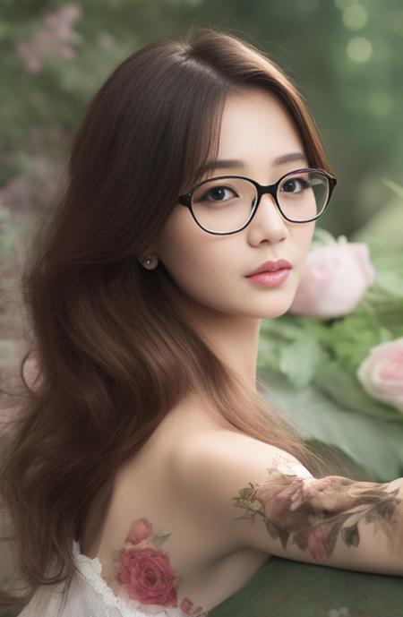 a photograph half body portrait of a girl, art from inno01, full face, wearing glasses, young, beautiful girl, gorgeous  girl face, natural face, detailed gorgeous face, mischievous pose, innocent pose, female, model, girl, flowered park, god rays, intricate, elegant, seductive, realistic, hyperrealistic, character design, concept art, highly detailed, illustration, ultra sharp, digital art, digital photograph, highly detailed,  concert lighting, grainy, realistic, unreal engine, octane render, bokeh, vray, houdini render, quixel megascans, depth of field, arnold render, 8k uhd, raytracing, cgi, lumen reflections, cgsociety, ultra realistic, volumetric fog, overglaze, analog photo, polaroid, 100mm, film photography, dslr, cinema4d, studio quality.