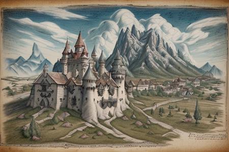 forgotten_pages a drawing of a castle with a mountain in the background, red roofs blue sky green grass white clouds <lora:forgotten_pages:1>