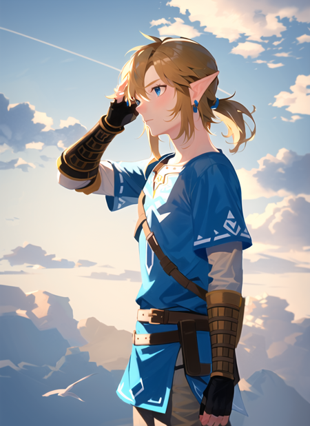 link, the legend of zelda, the legend of zelda: breath of the wild, 1boy, blue eyes, blue tunic, cloud, earrings, fingerless gloves, gloves, gradient sky, jewelry, light brown hair, male focus, pointy ears, short ponytail, sidelocks, sky, solo,  ((masterpiece)) <lora:link_offset:1>