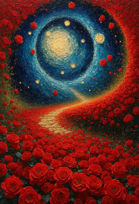 A vortex of life-sized crimson roses spirals infinitely upward from a twilight garden, viewed through a low-angle fisheye lens amplifying their towering scale. Van Gogh’s swirling brushstrokes merge with Klimt’s gilded ornamentation: petals ripple like molten velvet, thorns gleam as fractured obsidian shards. The palette smolders—burnt umber shadows, cadmium red blooms, and cerulean mist bleeding into saffron halos. Luminescent pollen drifts like drowned stars, casting kaleidoscopic shadows on petals that simultaneously wilt and regenerate. A single fractured mirror floats at the vortex’s heart, reflecting fractured glimpses of a winding path swallowed by thorns.