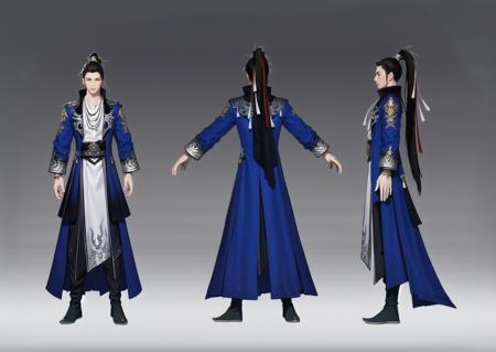 Back, front, side, multiple views, game characters, East Asian character designs, hanging ornaments, tassels, silver decorations, delicate patterns, male focus, 1boy, gradient, gradient background, long hair, ponytail, boots, standing, grey background, jewelry, turnaround, reference sheet, full body, coat, long sleeves <lora:Triple view:1>