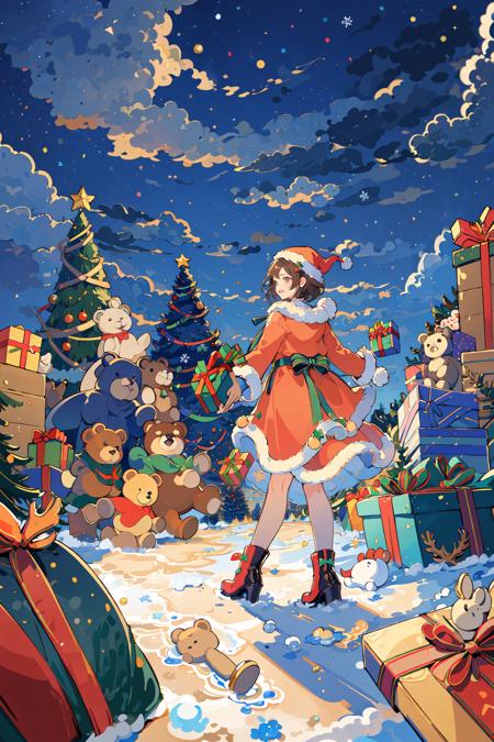 (masterpiece:1.2), best quality,PIXIV, 
1girl, 1boy, gift, hat, christmas, teddy bear, brown hair, box, cloud, sky, signature, christmas tree, red headwear, gift box, stuffed toy, stuffed animal, long sleeves, short hair, night, wide shot
 <lora:fairy tale style-000016:0.7>