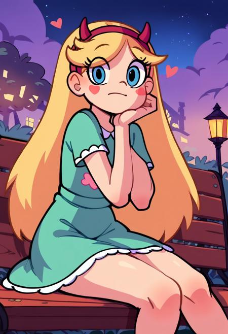 score_9, score_8_up, score_7_up, score_6_up, score_5_up, score_4_up, source_anime, 1girl, starbutterfly, blonde hair, horned headwear, hairband, long hair, solo, heart, blue eyes, facial mark, very long hair,teal dress, blush stickers, looking at viewer, blush, sitting down on bench, park, (((nightime))), lamp light, fireflies, tender, sad, look at viewer, about to cry, embracing herself