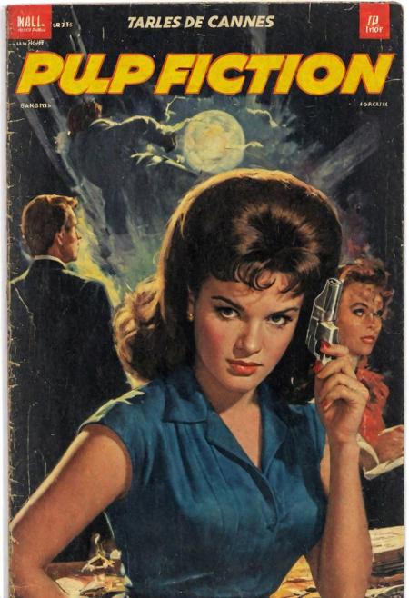 vintage comic book cover, Pulp fiction book cover 'starlets de Cannes', featuring a 19-year-old woman with radiant white complexion and dark brunette hair in a school outfit, Leia Thompson, Lorraine baines mcfly , at school, in the back to the future movie in the 1950s.