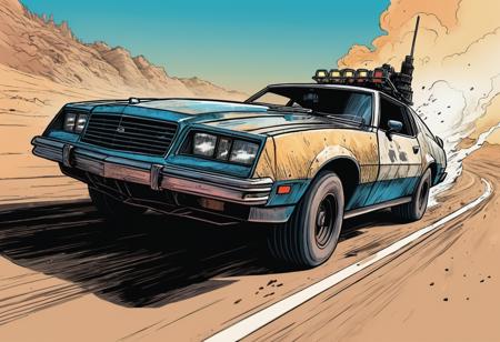 candid view, mad max style, interceptor car chase, epic, action, cinematic, motion trails, colored inked, comics, graphic novel illustration, flat colors, highly detailed, large gradient, paper texture, go pro, color graded illustration, comics page, scoundrel