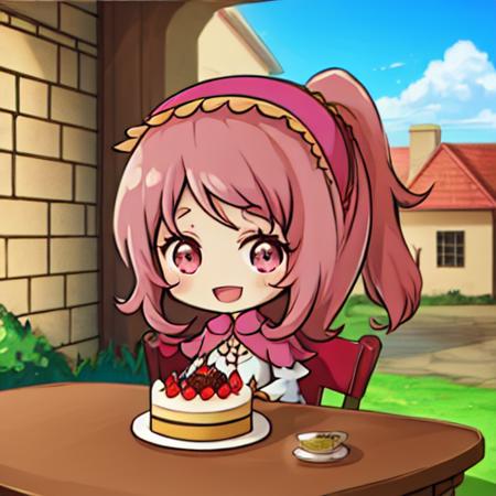 stone walls, city BREAK solo, camellia, cute, smiling, open mouth, chibi, pink eyes, sitting, table, cake <lora:pk_camellia-000008:0.8>