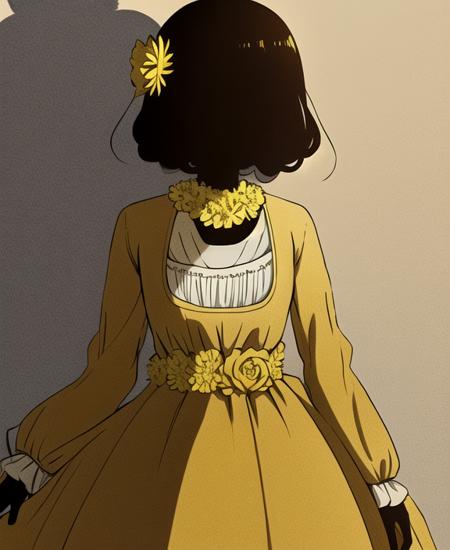 Louise shadow person no face yellow dress, frilled dress, hair flower, belt, necklace, yellow flower black shoes