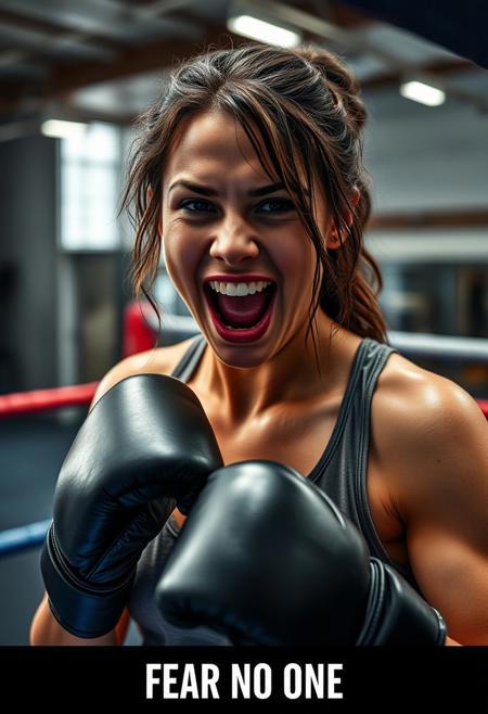 inspirational motivational poster, hdr photograph taken from the corner of a kick boxing ring inside a modern gym, close up of a sweaty female fighter wearing slim padded gloves, a loose fighting tank top wet from sweat, her throat tensed as she is screaming from joy after her victory, she stares deeply into the eyes of the viewer, with title text that reads "FEAR NO ONE"