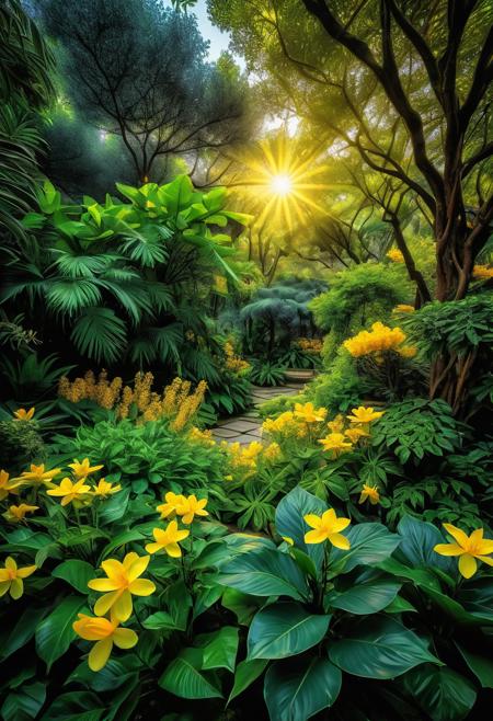 Enchanting concealed garden blooming with yellow flowers, exotic flora radiating soft luminescence, shrouded in a magical aura, illumination filtering through dense foliage, vibrant petals nestled in shadows, mystical, high dynamic range photography, ultra fine details.