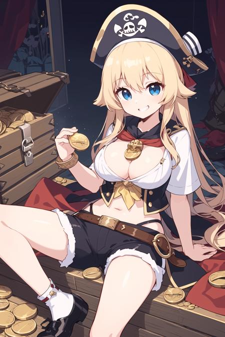 ((best quality, high resolution, distinct image)), (delicate illustration), 4k,
(eyes in highlight:1.0),
fantasy,
tareme, blonde hair, long hair, blue eyes, (large breasts:1.1), grin,
pirates costume, corsair, leather shorts, pirate hat, bandana,
(sitting on treasure chest:1.2), (many gold coins:1.2),
from below, spread legs,