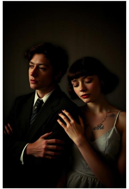 The past is forever and the future is always waiting, surreal portraiture, atmospheric lighting, soft painterly textures, muted color palette, mid-century aesthetic, symbolic composition, emotional ambiguity, blurred realism, obscured faces, editorial photography influence, staged intimacy, subtle surrealism, introspective mood, vintage fashion, natural gestures, delicate contrast, dreamlike realism, contemporary classicism, expressive yet restrained