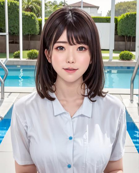 pureerosface_v1, best quality, photorealistic, 8k, high res, full color, 1girl, woman, 20 years old woman, (closed mouth:1.73), (skindentation), (portrait:0.6), trees, ((poolside background:1.52)), full color, ((whitecollar,shirt buttonedblueshirt:1.58)), looking at viewer:1.8, (1girl eyes looking at viewer:1.55), (medium hair, brownhair, sweptbangs:1.45), (bokeh), <lora:AAV-mirai2:0.64>