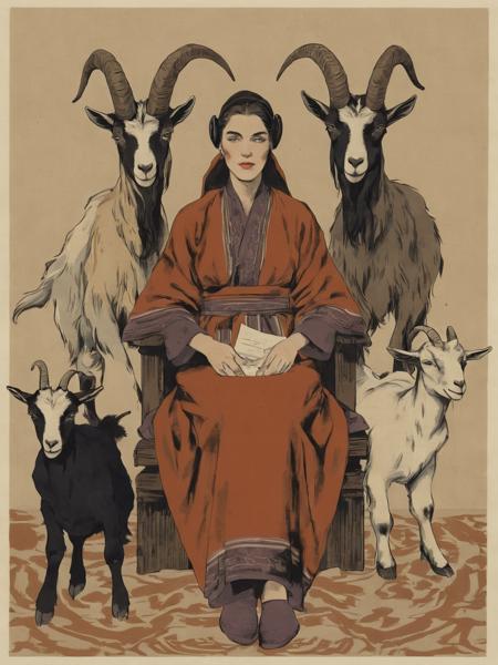 illustration, a woman sitting on a chair with three goats , solo, 1boy, hat, sitting, male focus, horns, letterboxed, robe, <lora:Vintage_vibes:1>