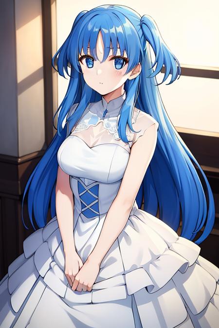 (masterpiece, best quality, hi-res:1.2),1girl, solo, long hair, blue hair, blue eyes, two side up, looking at viewer, (wedding dress),<lora:chthollyLORA415-000003:0.7>