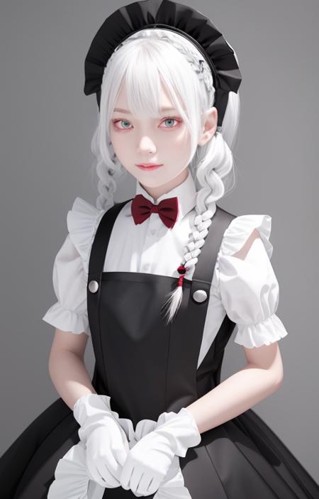 best quality, ultra detailed, 1girl, solo, standing, white hair, twin braids, red eyes,maid headdress,maid apron, bangs,white gloves, stare, smile, looking at viewer, (interview:1.3),  <lora:maid_v10:0.6>