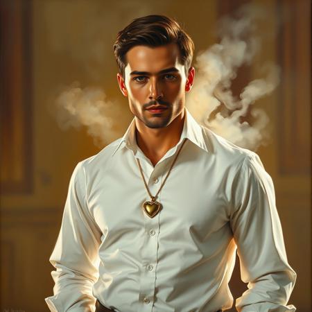 A luxurious (((oil painting))) by ((James Gurney)), featuring a (((handsome man))) dressed in a ((classic white dress)), complete with a (((heart pendant))), exuding an air of warmth and sophistication. The (softly diffused light) adds a touch of intimacy, casting a (soft glow) that brings the scene to life in a (dreamy, elegant atmosphere). Steam rises from the man's shirt, creating a (fantastical mist) that enhances the (romantic mood).