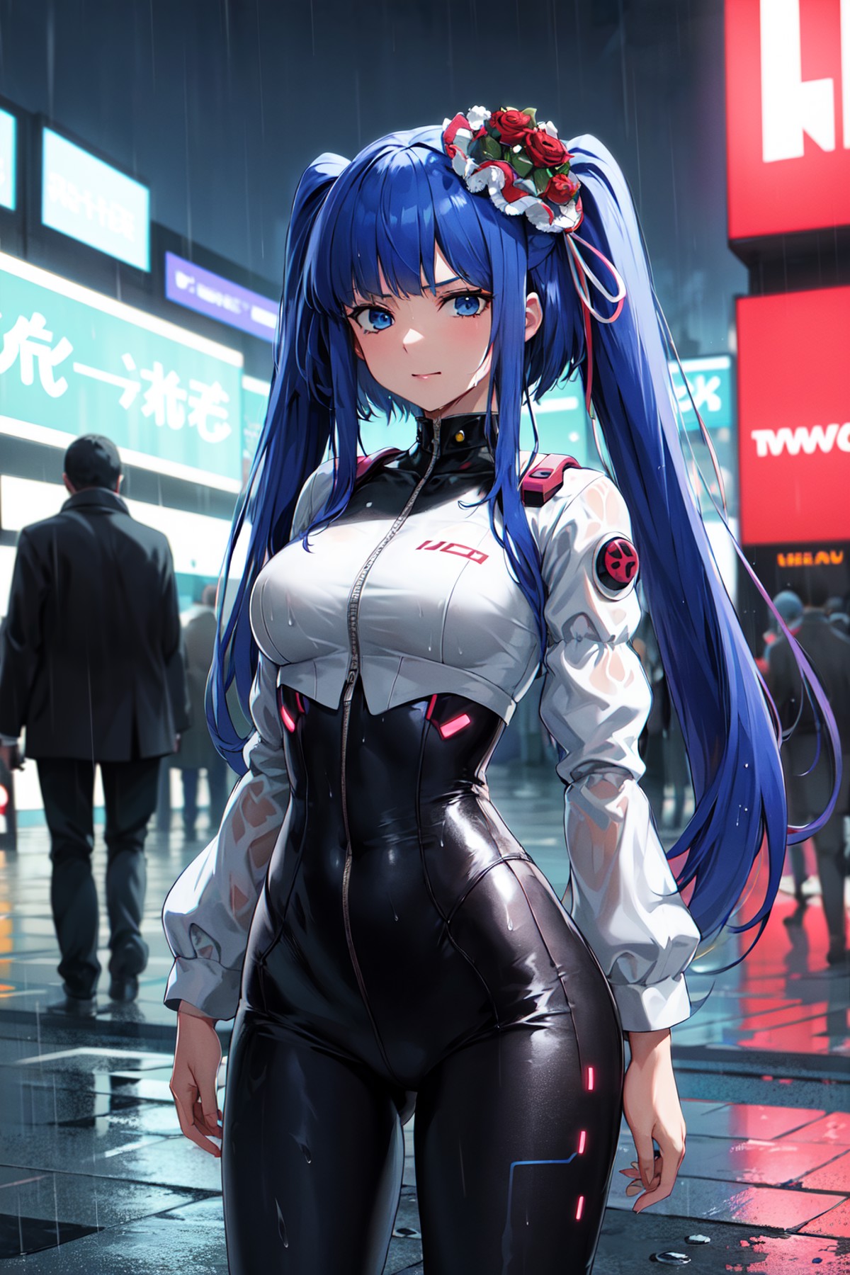 masterpiece, best quality, highres, aaerika, long hair, twintails, hair ornament, <lora:furudo_erika_v1:0.7>, bodysuit, cy...