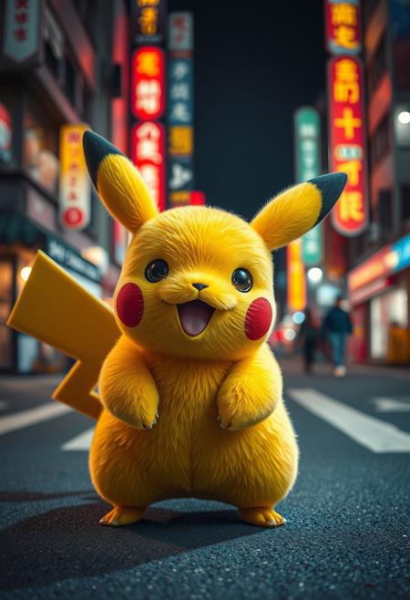pokemon Pikachu at the real life, fur, hyper realism, ultra detailed, studio photography style, Neo-Tokio streets at the background, at night, bien lights
