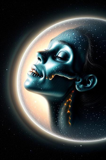 A close-up photorealistic image of a crystallic floating skull facing the viewer with its mouth open, pouring from it's mouth a shimmering liquid resembling the universe onto the ground, filled with rich stars and swirling galaxies. A simple void background enhances the dark atmosphere, shrouded in fog, capturing the hypnotic flow and shimmer of the cosmic liquid, side view,