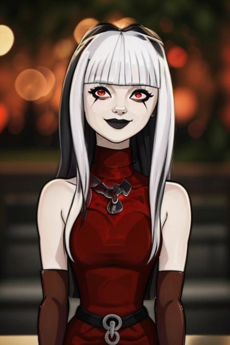 centered, professional photo, (looking at viewer:1.2), smiling, |  Crimson_Total_Drama, goth, blunt bangs, long hair, red eyes, makeup, fishnets, black knee boots, red dress, elbow gloves, two_tone_hair, white hair, black hair,, | | bokeh, depth of field, cinematic composition, | <lora:Crimson_Total_Drama:0.7>