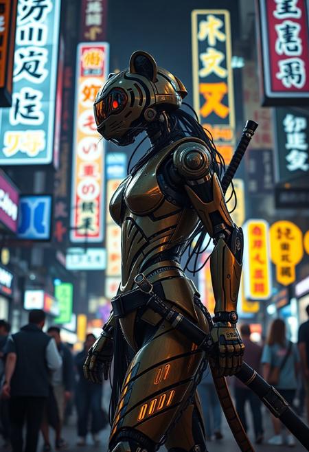 a cyberpunk robot samurai Anthro tiger woman, robot anthropomorphic tiger face with mirrored face shield, robot joints, body made of metals, cables and wires, she has a katana, sheathed at her hip, in a sleek belt holster. she has one hand on the hilt of the weapon, in a cyberpunk city street, walking in a crowd, dim lighting from lots of large overhead neon signs, silhouetted in the gloom.  Perfect Composition, realistic photographic image, RAW photo highest quality, perfect directional lighting, she is looking out at the people in the street around her as if hunting.