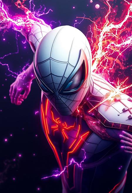 Spider man 2099 white costume, has Fire and electric powers and lots of purple sparks, dinamic, red logo spider, concept, realistic, high resolution, 4k, head and shoulders portrait, 8k resolution concept art portrait by Greg Rutkowski, Artgerm, WLOP, Alphonse Mucha dynamic lighting hyperdetailed intricately detailed Splash art trending on Artstation triadic colors Unreal Engine 5 volumetric lighting