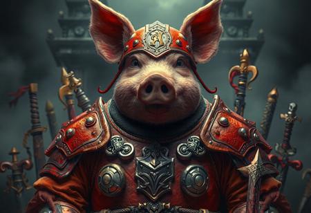 "Intricately depicting a formidable pig in a vivid red and orange suit of armor, this 4K image showcases an array of weapons and armor surrounding the armored pig. The dark gray altar of mist in the background provides a stark contrast to the colorful foreground. The overall composition invites the viewer to imagine the narrative behind this detailed, hyper-realistic, masterpiece, featuring sharp details, vivid emotions, and a joyful impact. Trending on ArtstationHQ, this stunning artwork is a must-see, showcasing exceptional quality, harmonious colors, captivating lighting, and flawless rendering."