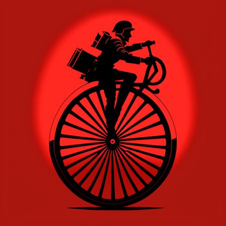 a symbol (on a red background:1.2). The steampunk unicycle race as t-shirt logo in the style of <MAGIFACTORY>