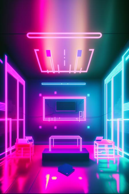 a room with a lot of chairs and a neon light , no humans, scenery, pink theme, neon lights  , cyberspace_background