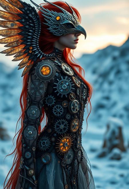 (Soft Lighting Photography by Mimoza Veliu and Mario Giacomelli:1.2), NSFW,  　masterpiece, surreal, elegant, long-haired woman with red hair, seamlessly merging with a clockwork phoenix, her crystal dress transformed into an intricate network of blackened gears and springs, each part interlocking with metallic precision and glowing with a faint, yellow luminescence, elaborate silver and red mask with frosted details, frozen mountains backdrop with sunny and sand formations, intricate details throughout the scene, reflecting a red-tinted metallic sheen that contrasts with the black and  yellow crystalline elements of her form, enchanting and eerie, dark queen, beauty, glacial elegance, 8k, hyperrealistic, soft focus, sexy, dynamic poses, fire