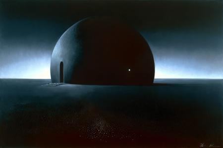 A painting inspired by ZdzisÅaw BeksiÅski, oil painting, dark setting, surrealism